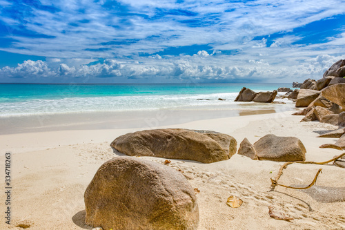 Fototapeta Tropical sandy beach with rocks Seychelles islands
