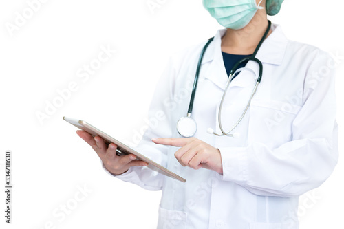 Woman doctor wearing white suit and surgical mask analyzing medical exam on white background