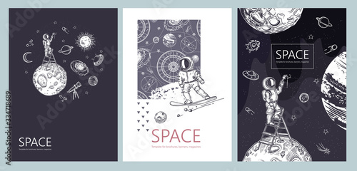 Set of space banners. An astronaut stands on a stepladder and draws stars.