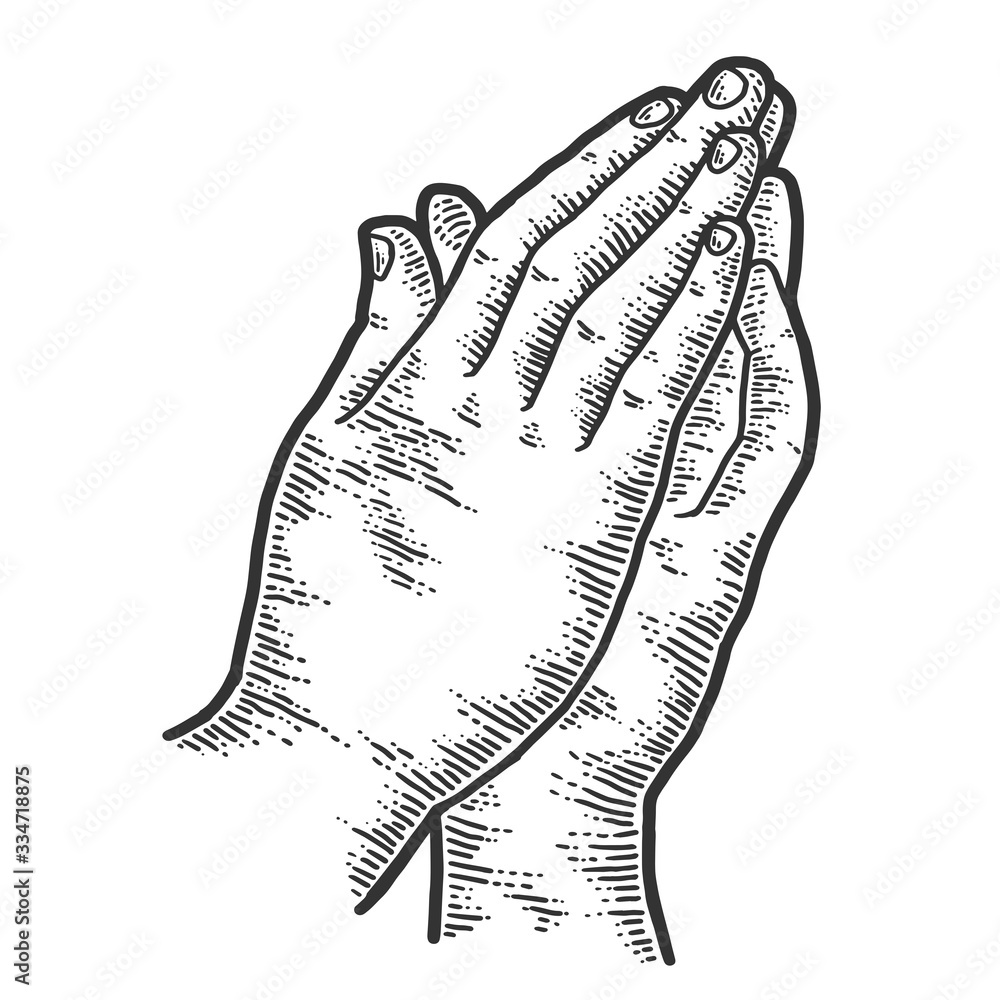 Palms of God Praying. Sketch scratch board imitation. Engraving raster Palms of God Praying. Sketch scratch board imitation. Engraving raster