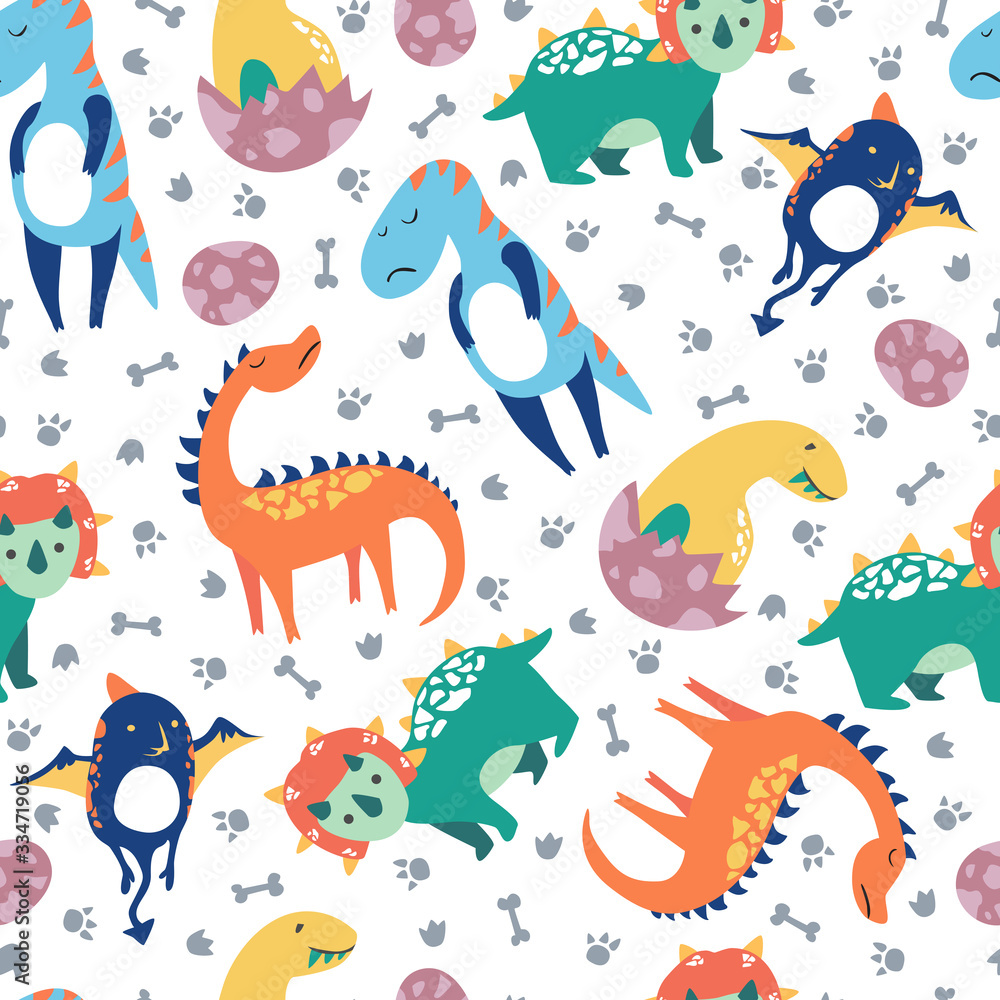 Fototapeta premium Dinosaurs seamless pattern for kids, Creative vector childish background