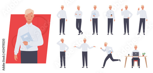 Business man character set. Different poses and emotions. Vector illustration in a flat style