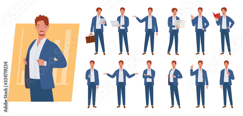 Business man character set. Different poses and emotions. Vector illustration in a flat style