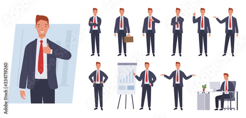 Business man character set. Different poses and emotions. Vector illustration in a flat style
