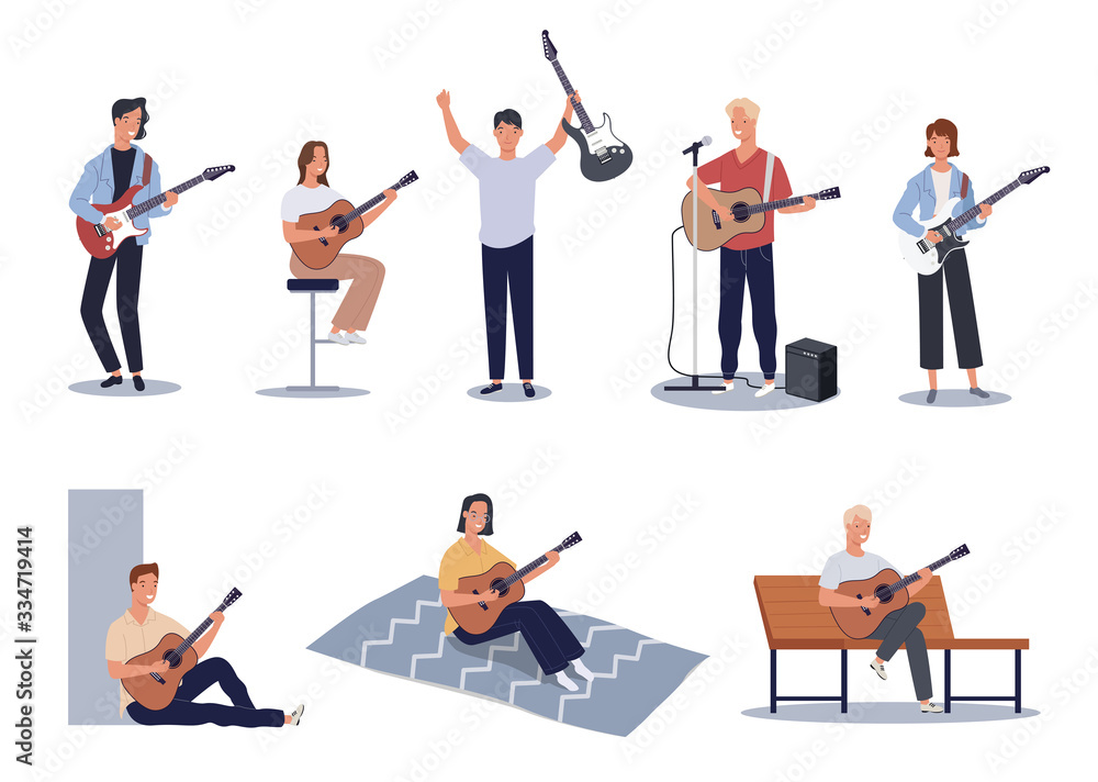Collection of men and women playing acoustic and electric guitars.