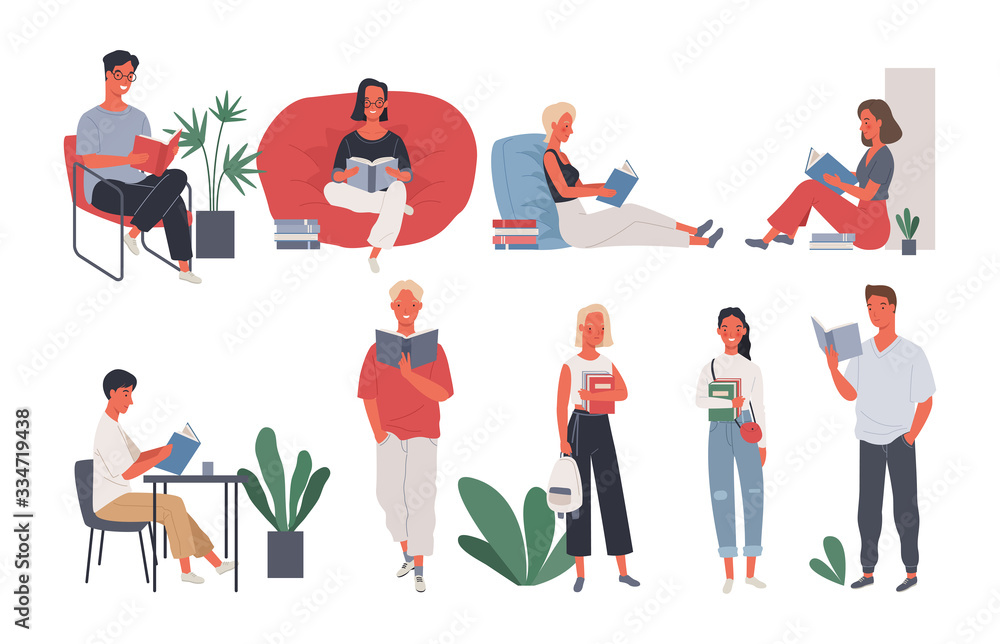 Collection of people reading or students studying. Group of women and man reading book standing and sitting on chair. Vector illustration in a flat style