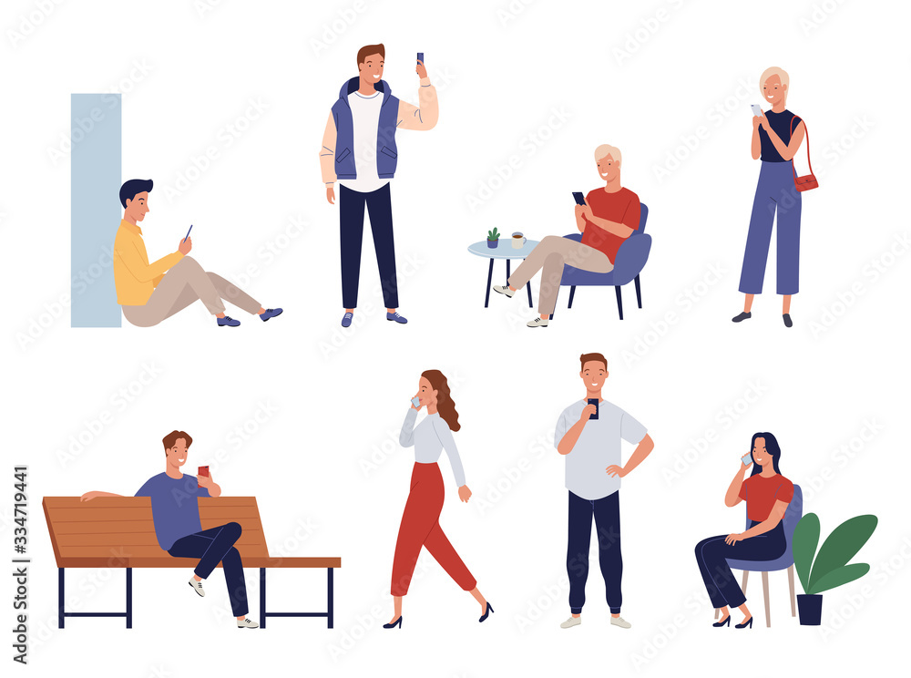 Collection of people using mobile phones or taking selfies. Vector illustration in a flat style Collection of people using mobile phones or taking selfies. Vector illustration in a flat style