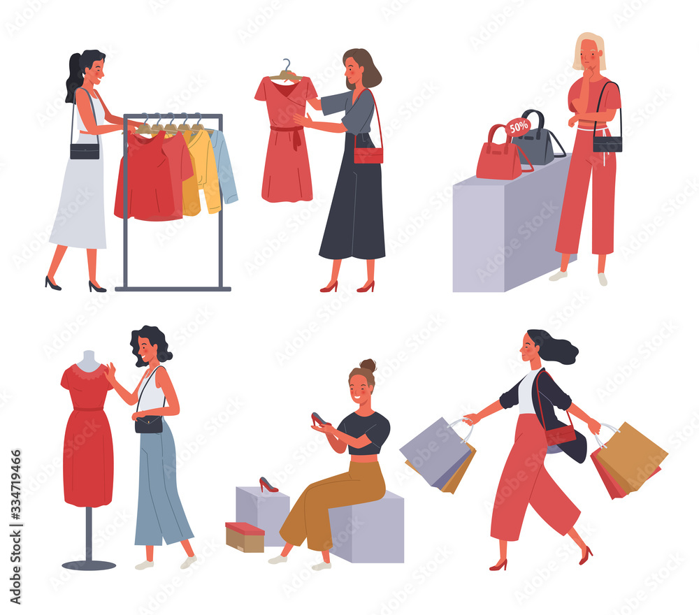 Collection of women shopping. Women choose to buy clothes, handbags and high heels in the store. Vector illustration in a flat style