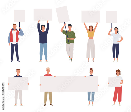 Collection of young men and women standing and holding blank banner. Male and female protesters or activists. Political meeting and protest vector concept isolated
