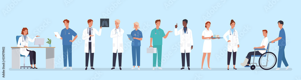 Doctors team. Medical staff doctor and nurse, group of medics. Hospital communication. Vector illustration in a flat style Doctors team. Medical staff doctor and nurse, group of medics. Hospital communication. Vector illustration in a flat style