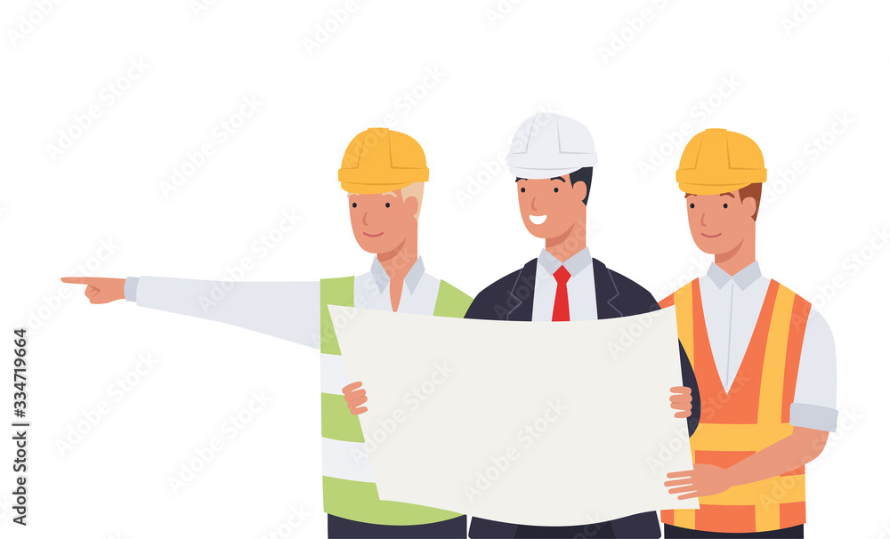 Engineers team watching and checking details on a construction site. Vector illustration in a flat style Engineers team watching and checking details on a construction site. Vector illustration in a flat style