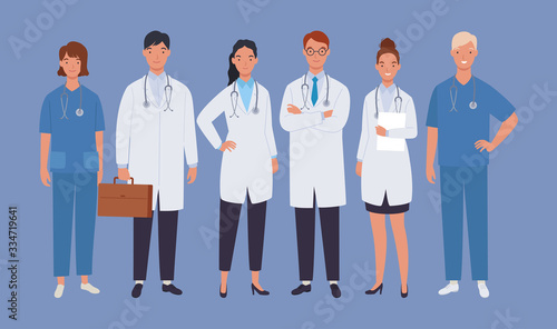 Doctors team. Medical staff doctor and nurse, group of medics. Vector illustration in a flat style