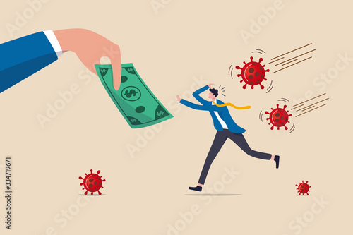 Coronavirus crisis economic stimulus package, money helping policy government give money to people to stimulate economics concept, businessman running to hand give money banknote with pathogen. photo