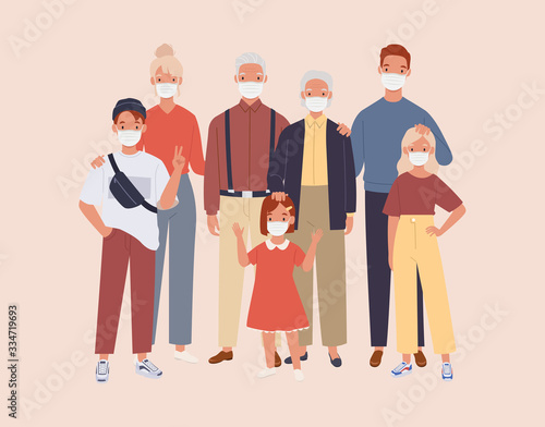 family wearing protective Medical mask for prevent virus and Air Pollution. Vector illustration in a flat style