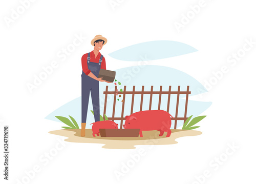 Farmer feeding pig. Farm worker foddering, ranching cattle. Vector illustration in a flat style