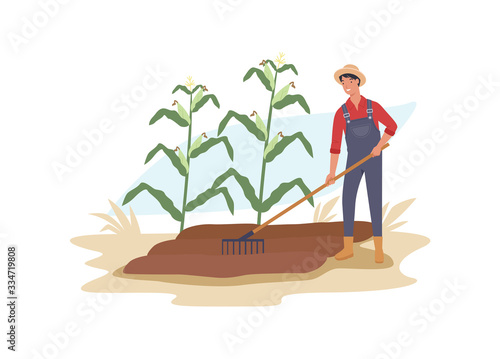 Farmers work in the garden with a rake. Vector illustration in a flat style