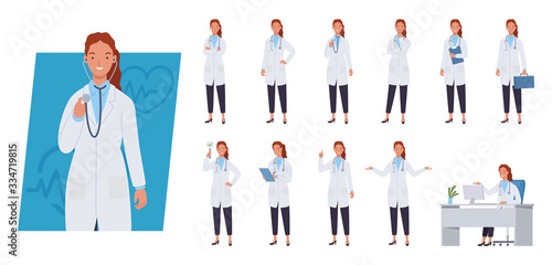 Female doctor character set. Different poses and emotions. Vector illustration in a flat style