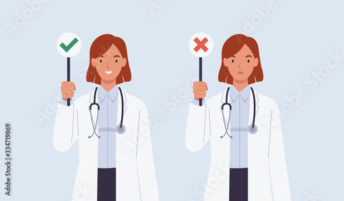 Female doctor with a right and wrong sign. Vector illustration in a flat style