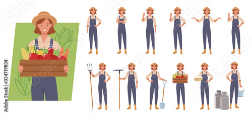 Female farmer character set. Different poses and emotions. Vector illustration in a flat style