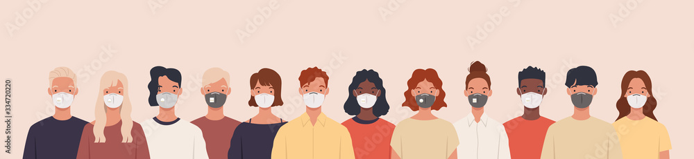Group of people wearing medical masks to prevent disease, flu, air pollution, contaminated air, world pollution. Vector illustration in a flat style Group of people wearing medical masks to prevent disease, flu, air pollution, contaminated air, world pollution. Vector illustration in a flat style