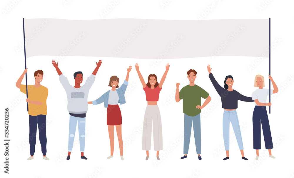 Group of young men and women standing together and holding blank banner. Male and female protesters or activists. Vector illustration in a flat style Group of young men and women standing together and holding blank banner. Male and female protesters or activists. Vector illustration in a flat style