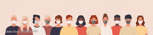 Group of people wearing medical masks to prevent disease, flu, air pollution, contaminated air, world pollution. Vector illustration in a flat style