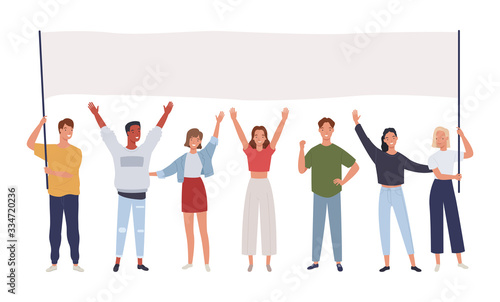 Group of young men and women standing together and holding blank banner. Male and female protesters or activists. Vector illustration in a flat style