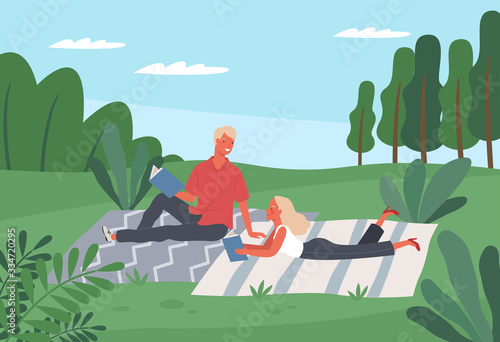 Happy both men and women reading books or students studying in the park. Vector illustration in a flat style