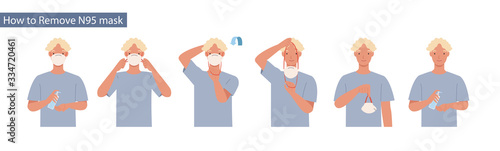 How to remove N95 mask correct. Man presenting the correct method of wearing a mask,To reduce the spread of germs, viruses and bacteria. Vector illustration in a flat style