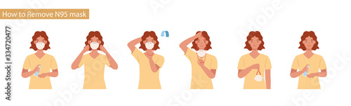 How to remove N95 mask correct. Women presenting the correct method of wearing a mask,To reduce the spread of germs, viruses and bacteria. Vector illustration in a flat style