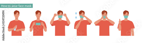 How to wear a mask correct. Man presenting the correct method of wearing a mask,To reduce the spread of germs, viruses and bacteria. Vector illustration in a flat style