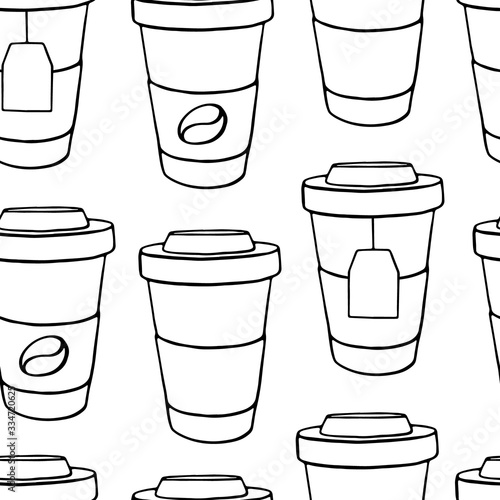 Seamless vector pattern with takeaway coffee, tea, cappuccino, espresso, latte. Outline pattern with drinks for a cafe, coffee shop, coffeehouse, street coffee to go.