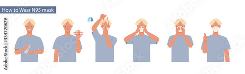 How to wear N95 mask correct. Man presenting the correct method of wearing a mask,To reduce the spread of germs, viruses and bacteria. Vector illustration in a flat style