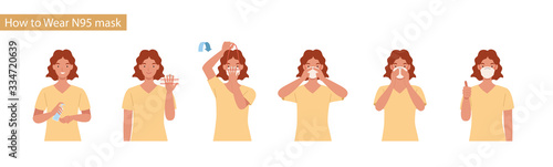 How to wear N95 mask correct. Women presenting the correct method of wearing a mask,To reduce the spread of germs, viruses and bacteria. Vector illustration in a flat style
