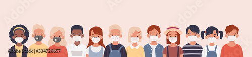 Kids with protection mask flat vector illustrations set. Group of children wearing medical masks to prevent disease, flu, air pollution, contaminated air, world pollution