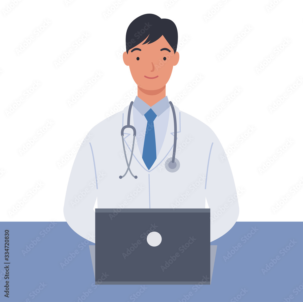 Male doctor in white medical coats working with his laptop computer. Vector illustration in a flat style Male doctor in white medical coats working with his laptop computer. Vector illustration in a flat style