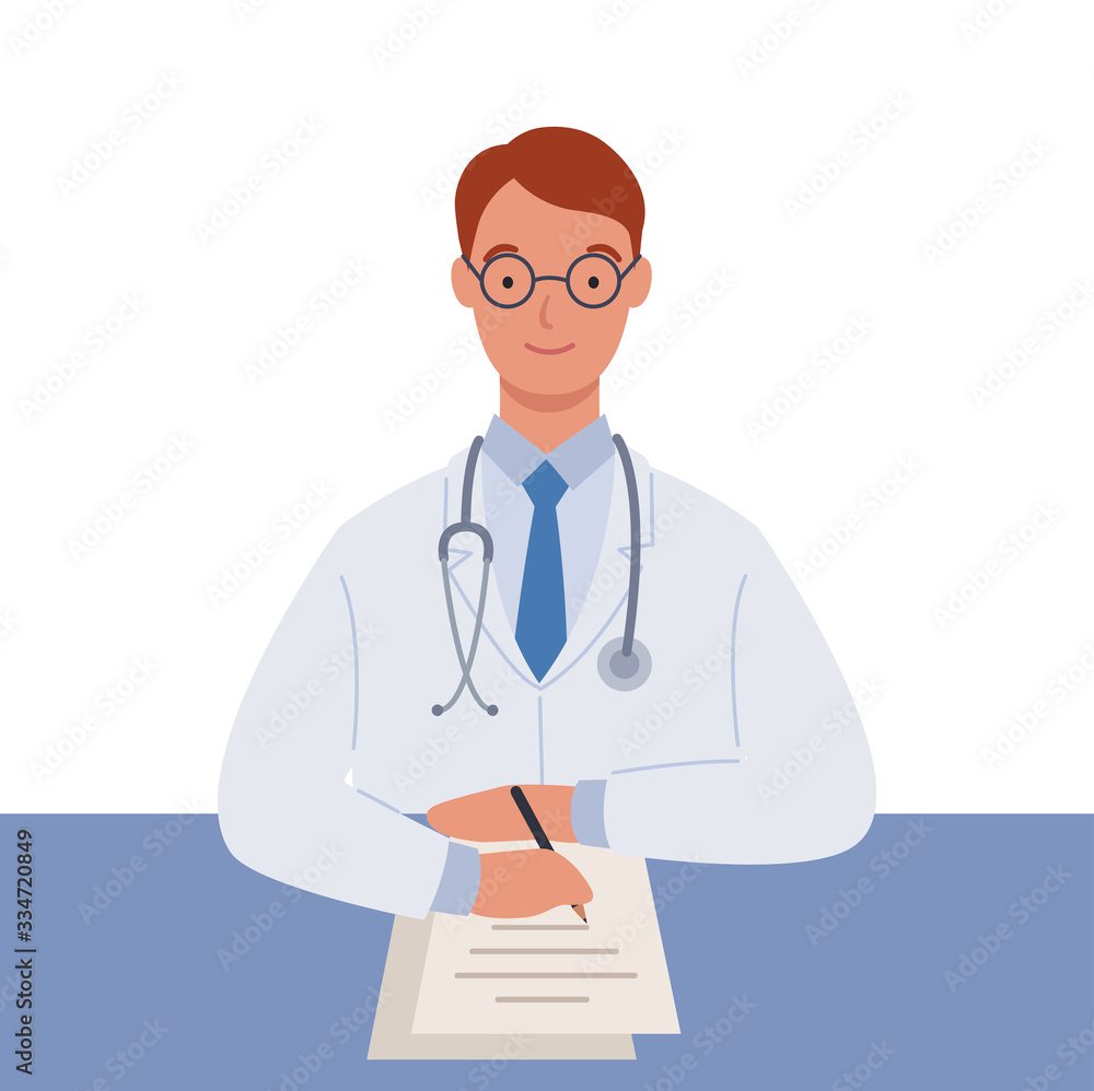 Male doctor in white medical coats writing a medical report. Vector illustration in a flat style Male doctor in white medical coats writing a medical report. Vector illustration in a flat style
