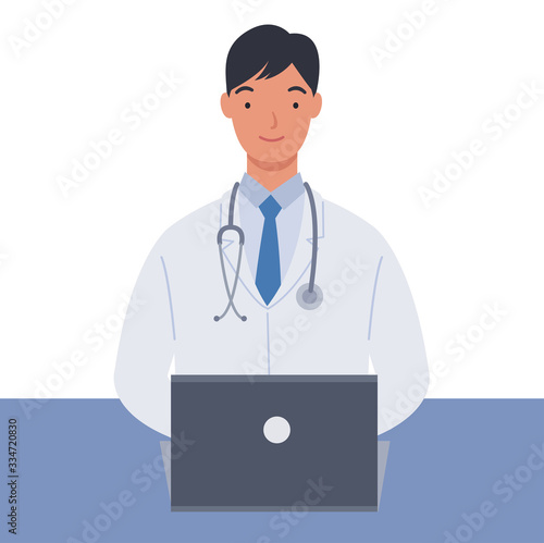 Male doctor in white medical coats working with his laptop computer. Vector illustration in a flat style