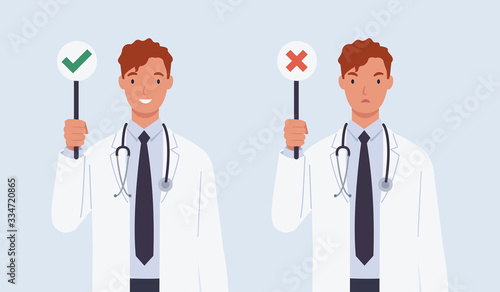 Male doctor with a right and wrong sign. Vector illustration in a flat style