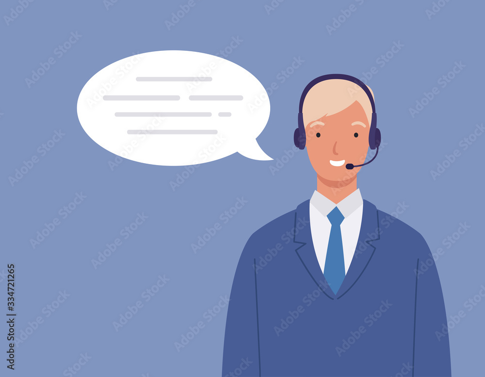 Man wearing a headset, the concept of customer service and communication. call center service job. Vector illustration in a flat style Man wearing a headset, the concept of customer service and communication. call center service job. Vector illustration in a flat style