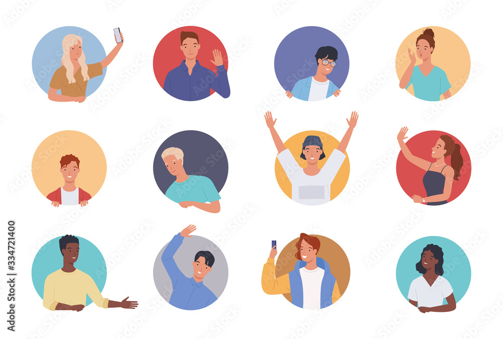 People doing various gestures in a circular frame. Men and women looking out of circle window. Vector illustration in a flat style People doing various gestures in a circular frame. Men and women looking out of circle window. Vector illustration in a flat style
