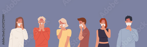 People wearing masks and coughing. Vector illustration in a flat style