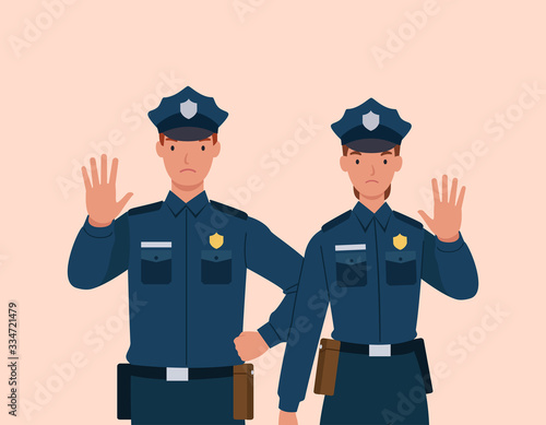Policeman and woman showing gesture stop. Vector illustration in a flat style
