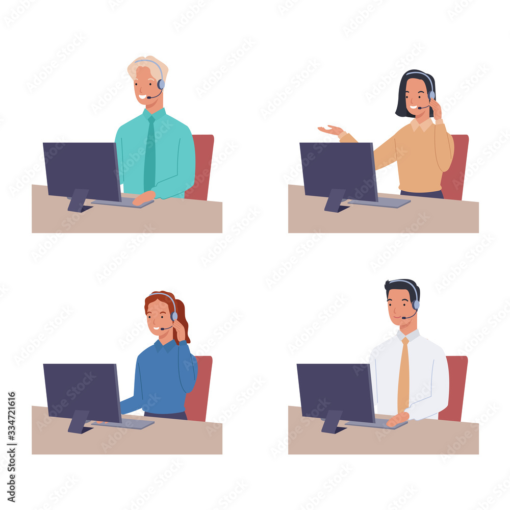 Set of smiling young woman and man operator with headset talking with customer. Business support and telemarketing vector concept. Call center. Vector illustration in a flat style Set of smiling young woman and man operator with headset talking with customer. Business support and telemarketing vector concept. Call center. Vector illustration in a flat style