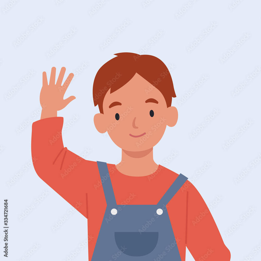 Smiling boy are waving hand in greeting. Vector illustration in a flat style Smiling boy are waving hand in greeting. Vector illustration in a flat style