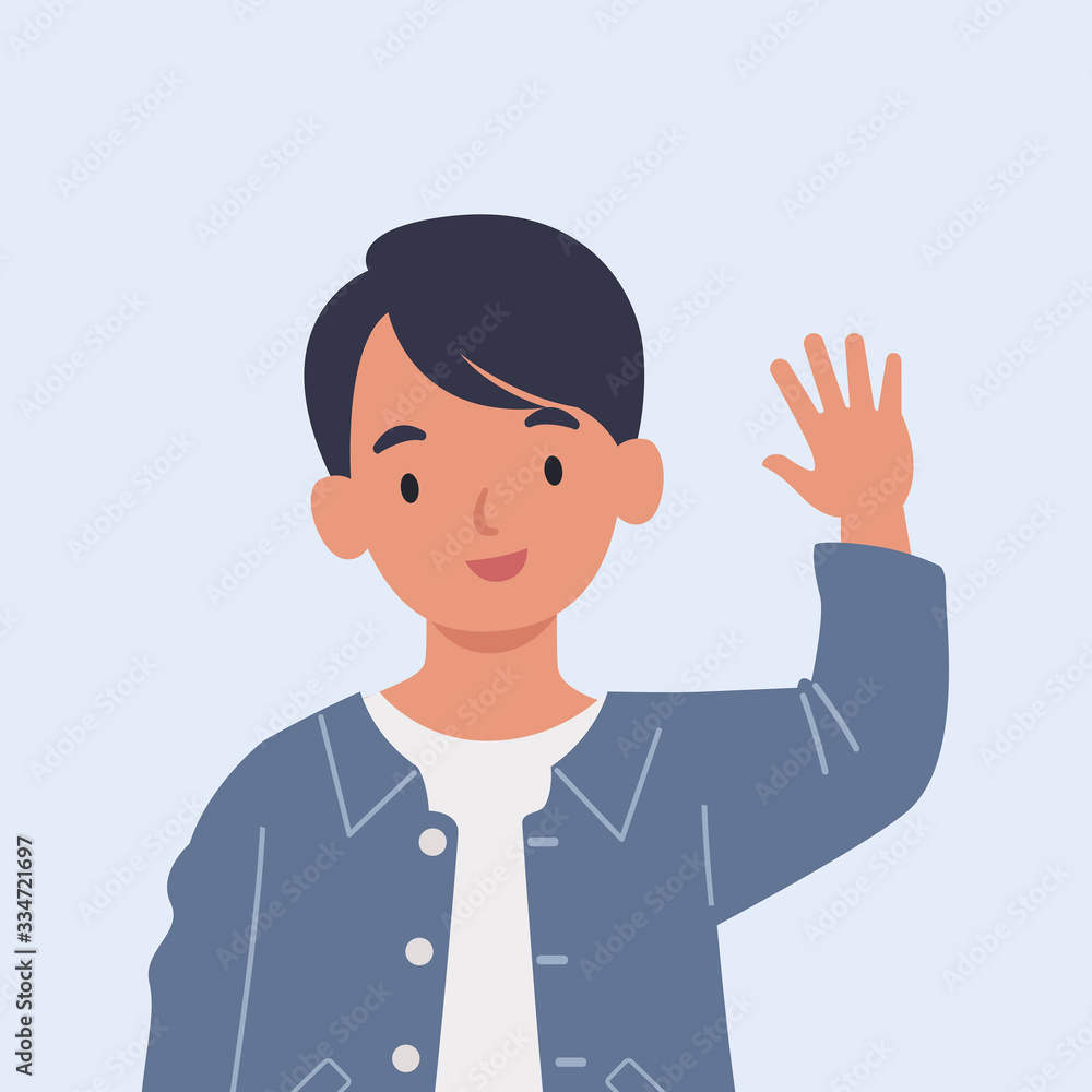 Smiling boy are waving hand in greeting. Vector illustration in a flat style Smiling boy are waving hand in greeting. Vector illustration in a flat style