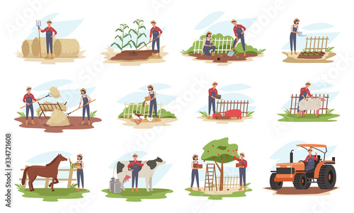 Set of farmers or agricultural workers planting crops, gathering harvest, collecting apples, feeding farm animals, carrying fruits, working on tractor. Vector illustration in a flat style