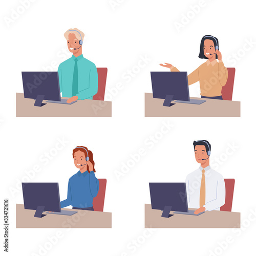Set of smiling young woman and man operator with headset talking with customer. Business support and telemarketing vector concept. Call center. Vector illustration in a flat style