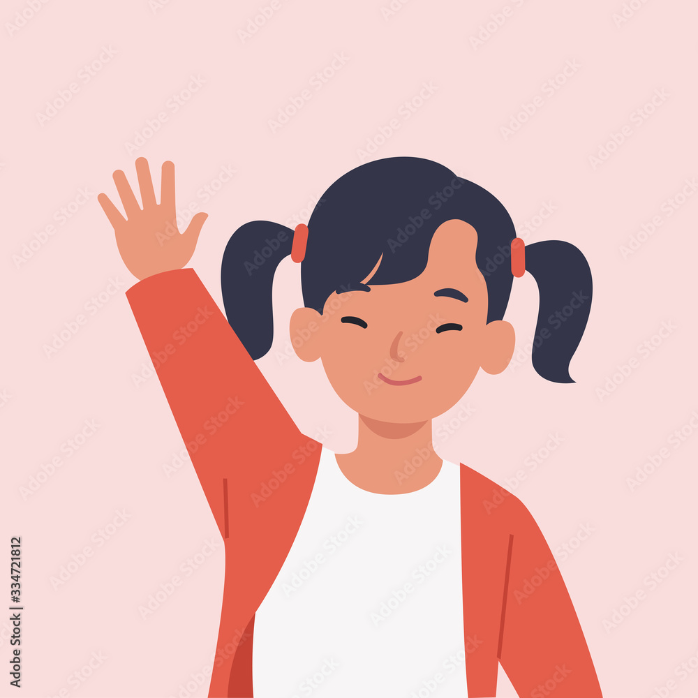 Smiling girl are waving hand in greeting. Vector illustration in a flat style Smiling girl are waving hand in greeting. Vector illustration in a flat style