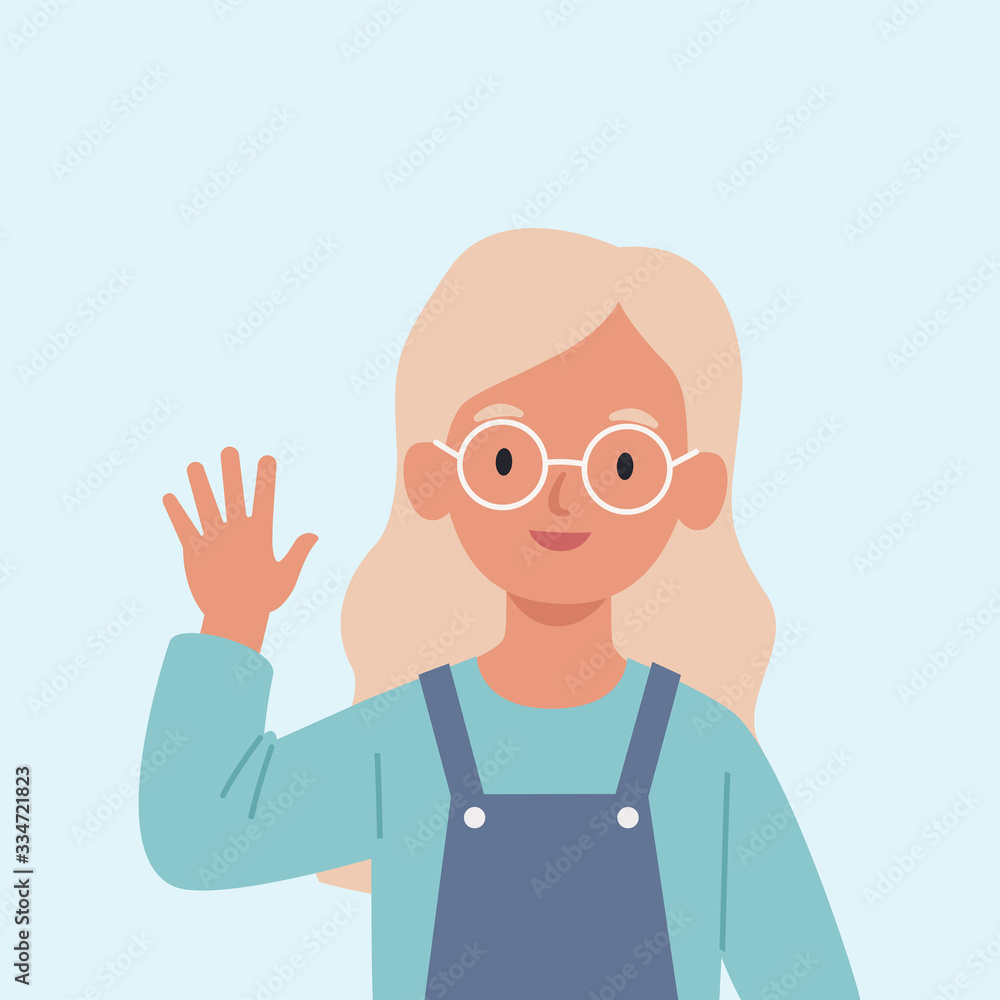 Smiling girl are waving hand in greeting. Vector illustration in a flat style Smiling girl are waving hand in greeting. Vector illustration in a flat style